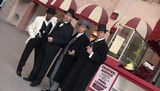 Sandy Hackett (second from left), as Joey Bishop, poses with some of the performers who have starred in his Vegas-based "Rat Pack Show." Doug Starks (left) is Sammy, David DeCosta is Frank and Johnny Edwards is Dean.
