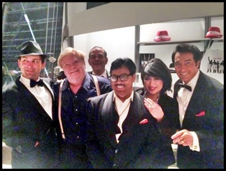 Danny Grewen as Frank, Bob Evans, Sandy Hackett as Joey, Louis Valez as Sammy, Lisa Dawn Miller as Frank's main love, and Tom  Wallek as Dean in "Sandy Hackett's Rat Pack Show."